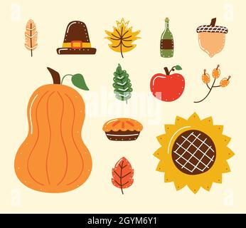 douze icônes de célébration de thanksgiving Illustration de Vecteur