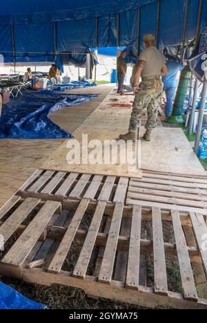 Guayanilla, PR, le 29 janvier 2020 -- Un nouveau plancher est installé au camp de base de la municipalité pour les survivants du récent tremblement de terre de 6.4.Photo de Liz Roll/FEMA Banque D'Images