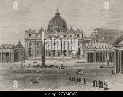 Extérieur de la basilique Saint-Pierre et du Palais du Vatican.Gravure.La Ilustración Española y Americana, 1878. Banque D'Images