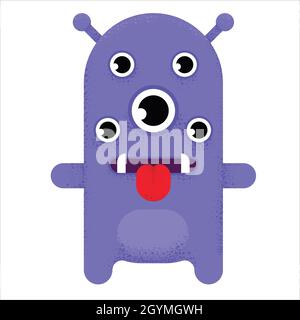 Monstre de dessin animé à plusieurs yeux. Extraterrestre violet avec de nombreux yeux, dents pointues, langue assoiffée et antenne tête. Illustration vectorielle. Illustration de Vecteur