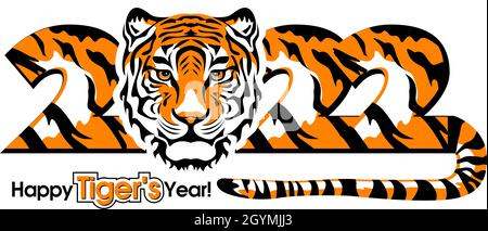 Bonne année 2022.Année du tigre, dessin visage de tigre et numéros 2022 pour affiche, brochure, bannière, carte d'invitation.Illustration vectorielle Illustration de Vecteur