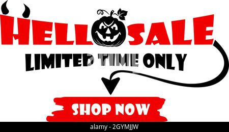 Vente D'enfer Avec Potiron, Cornes Et Queue De Diable.modèle De Bannière D' Offre Spéciale Halloween Avec Lettrage Dessiné À La Main Pour Les Achats De  Vacances.vecteur Image Vectorielle Stock - Alamy