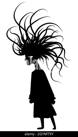 Coiffure femme mauvais cheveux côté marche silhouette drôle de dessin animé noir, illustration vectorielle, vertical, sur blanc, isolé Illustration de Vecteur