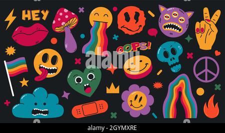 Caricature abstraite groovy comique drôle personnages emoji.Adorables autocollants à motif bande dessinée, jeu d'illustrations vectorielles à la mode éléments rétro.Hallucination bizarre Illustration de Vecteur
