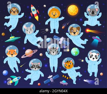 Dessins animés espace cosmonautes animaux, animaux adorables astronautes.Galaxy espace animaux koala, raton laveur, leo et sloth vecteur jeu d'illustration.Animaux astronautes Illustration de Vecteur
