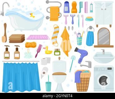 Éléments de salle de bains animés, baignoire, lavabo, douche, serviettes et savon.Bain, produits d'hygiène, toilettes, lave-linge, serviettes vecteur jeu d'illustrations Illustration de Vecteur
