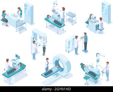 Médecins isométriques et patients avec équipement de diagnostic médical hospitalier.Kit d'illustrations vectorielles pour diagnostic hospitalier, patients examinés et traités Illustration de Vecteur