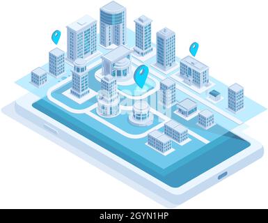 Carte isométrique de la ville navigation mobile sur l'écran du smartphone.Illustration vectorielle moderne de l'application mobile Smart City navigation.Bâtiments de la ville en ligne Illustration de Vecteur