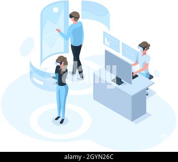 Personnages isométriques dans un monde futuriste de simulation de réalité virtuelle.Les personnes qui portent l'illustration vectorielle numérique de réalité virtuelle.Activités VR World Illustration de Vecteur