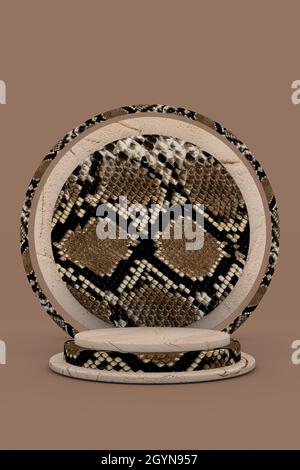 Podium rond beige 3D avec motif peau de serpent ou reptile.Socle de promotion de produits de beauté et de cosmétiques marron.Vitrine naturelle.Résumé studio minimal Banque D'Images