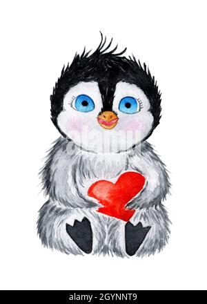 Illustration aquarelle d'un petit pingouin mignon tenant un coeur rouge dans ses mains.Bonne Saint Valentin, mariage, soirée romantique.Pingouin en peluche Banque D'Images