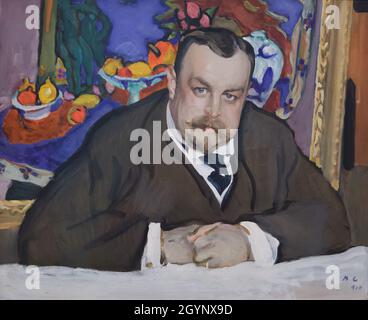 Tableau de tempera 'Portrait d'Ivan Abramovich Morozov' par le peintre impressionniste russe Valentin Serov (1909) exposé à l'exposition 'les icônes de l'art moderne de la collection Morozov' de la Fondation Louis Vuitton à Paris, France.Ivan Abramovich Morozov était un collectionneur d'art russe qui possédait l'une des meilleures collections d'art moderniste français au monde.La peinture "fruits et bronze" du peintre français Henri Matisse (1910) de sa collection est représentée dans le fond du portrait.L'exposition consacrée à la collection Morozov se déroule jusqu'au 22 février 2022. Banque D'Images