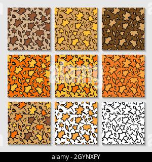 Motif léopard d'automne ou jaguar sans coutures en feuilles d'érable.Imprimé animal tendance aux couleurs de l'automne.Jeu d'arrière-plans vectoriels pour tissu, enveloppe p Illustration de Vecteur