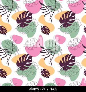 Motif avec feuilles de palmier et taches abstraites.Illustration vectorielle. Illustration de Vecteur