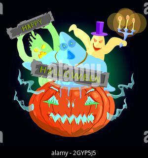 Image vectorielle d'une citrouille avec des fantômes jumpants et une inscription Happy halloween dans le style plat. Peut être appliquée aux événements d'Halloween Illustration de Vecteur