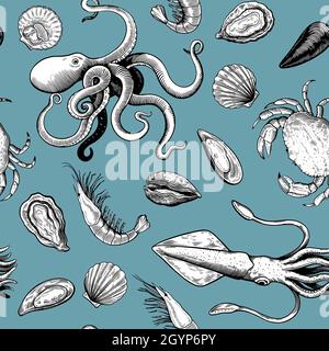 Motif sans couture avec éléments de fruits de mer dans le style de la coupe du bois et couleurs pastel délicates, mollusques, poulpes et crabes. Illustration de Vecteur