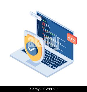 Blindage isométrique 3d plat et ordinateur portable avec programmation du code de langue sur le moniteur.Concept de protection des données et de cybersécurité. Illustration de Vecteur