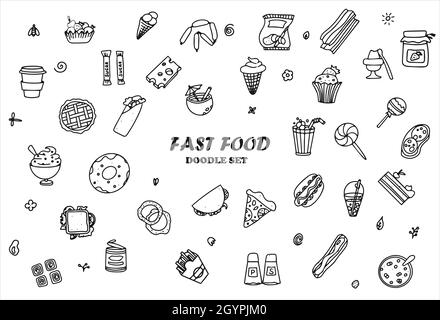 Ensemble de produits de restauration rapide Doodle Food. Bonbons, desserts, en-cas, pop-corn, cuisine américaine et petit-déjeuner anglais. Un grand ensemble de nourriture de dessin animé Illustration de Vecteur