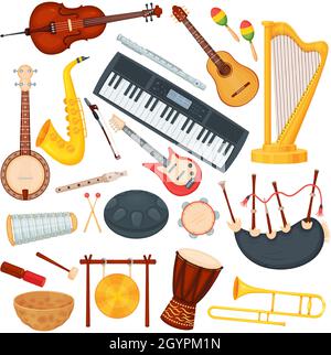 Instruments de musique de dessins animés, éléments de musique d'orchestre classiques.Saxophone, trombone, harpe, bongo drum, guitare acoustique, jeu vectoriel d'instruments de jazz.Équipement pour un concert ou un spectacle Illustration de Vecteur