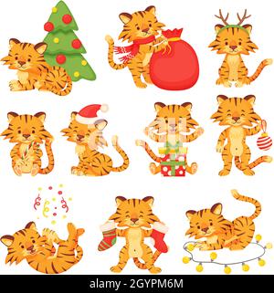 Dessin animé mignon petits tigres, joyeux tiger petits.Personnages d'animaux de bébé avec arbre de Noël ou boîte cadeau célébrant noël et nouvel an ensemble vectoriel.Féline sauvage et gaie avec décoration festive Illustration de Vecteur