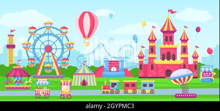 Parc d'attractions avec attractions de parc d'attractions, manèges de parc d'expositions de carnaval.Tente de cirque, château pour enfants, illustrations vectorielles de montagnes russes.Terrain de jeu pour les loisirs et les divertissements Illustration de Vecteur