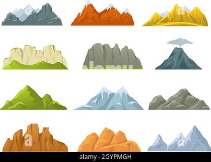 Montagnes de dessins animés crêtes, falaises rocheuses, sommets enneigés et collines.Falaise de pierre, volcan, colline, montagne nature jeu design éléments ensemble vectoriel.Paysage rocailleux de forme différente, concept de voyage Illustration de Vecteur