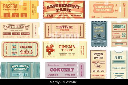 Billets d'époque, film rétro, concert, billet de théâtre.Ancienne carte de bon d'achat en papier, carte d'entrée pour les événements sportifs, entrée au cirque, un ensemble de vecteurs de bon d'achat.Performances et championnat différents Illustration de Vecteur