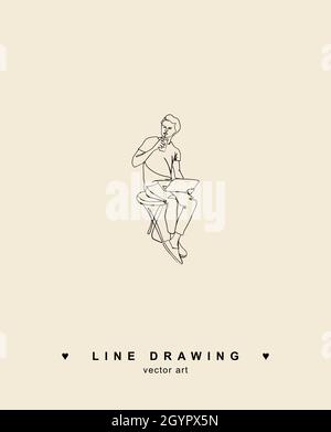 Homme avec dessin de ligne d'ordinateur portable.Dessin continu d'un homme assis avec un ordinateur portable.Café à emporter.Un homme s'assoit dans un café et boit du café.Jeune homme.VEC Illustration de Vecteur
