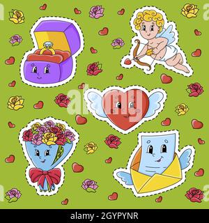 Ensemble d'autocollants avec de jolis personnages de dessin animé. Fête de la Saint-Valentin. Dessiné à la main. Pack coloré. Illustration vectorielle. Collection de badges patch. Étiquette Illustration de Vecteur