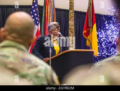 Sgt. De commandement retiréLe Maj Diane E. Williams parle lors d'une célébration de la journée Martin Luther King Jr. Au centre de banquet et de conférence du centenaire de fort Bliss le 22 janvier.« si le Dr King était vivant aujourd’hui, je crois que son message à nous serait un appel à l’action par le biais du mentorat », a déclaré M. Williams.(É.-U.Photo de l'armée par : sergent d'état-major.Michael L. K. Ouest) Banque D'Images