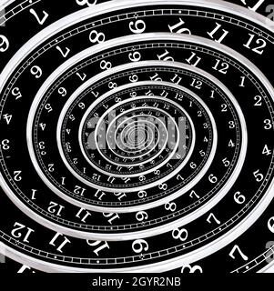 Cadran de montre noir et blanc torsadé.Concept de l'entonnoir de temps créatif. Banque D'Images