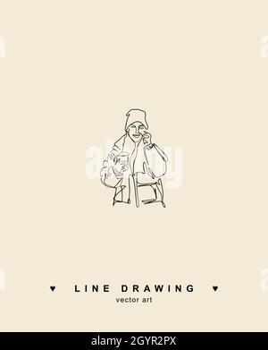 Dessin continu d'une ligne de portrait d'homme.Coiffure.Style tendance pour Homme.Un homme dans un chapeau dessiné par une ligne.Un verre de café dans les mains.Boisson tak Illustration de Vecteur