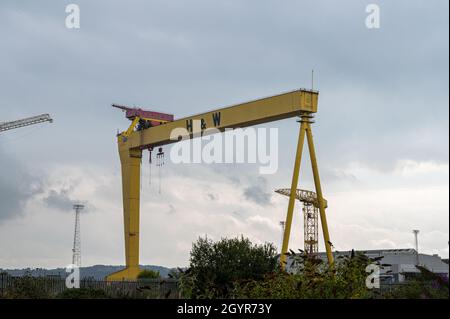 Belfast, Irlande du Nord - 4 septembre 2021 : grues portiques Harland & Wolff Samson et Goliath pour la construction navale à Belfast Banque D'Images