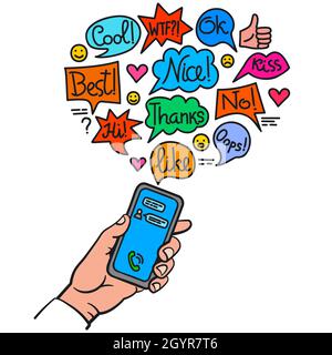 Illustration de la main tenant le smartphone et des discussions de communication Illustration de Vecteur