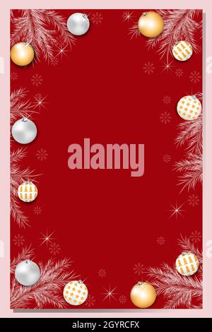 Bannière de Noël rouge avec branche d'arbre de Noël et boules de fête.Illustration vectorielle Illustration de Vecteur