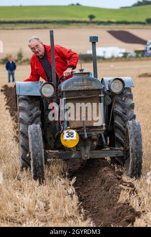 Mindrum Mill, Northumberland, Angleterre, Royaume-Uni, 9 octobre 2021.Championnats britanniques de labour : les 70e championnats, annulés l'année dernière en raison de Covid-19, ont lieu.Plusieurs catégories de tracteurs se disputent des prix au cours de l'événement de deux jours.Photo : un homme qui conduit un tracteur Fordson d'époque. Banque D'Images