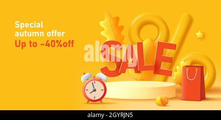 Bannière d'automne discount avec rendu 3d illustration du podium avec des lettres de vente de volume et horloge avec sac de shopping, feuilles d'automne autour de lui, couleur jaune Illustration de Vecteur