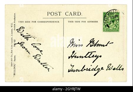 Inverse de la carte postale originale de WW1 époque, utilisée postally, vers 1915, timbre vert en frangé King George V 1/2 d (demi-penny / penny), Royaume-Uni Banque D'Images