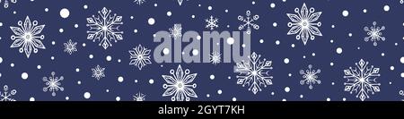 Motif hivernal sans coutures avec flocons de neige dessinés à la main.Bordure horizontale décorative de Noël.Illustration vectorielle. Illustration de Vecteur