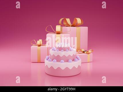 Mignon gâteau d'anniversaire 3d rendu rose couleur avec boîte cadeau ruban or gâteau doux pour une surprise d'anniversaire sur fond rose Banque D'Images