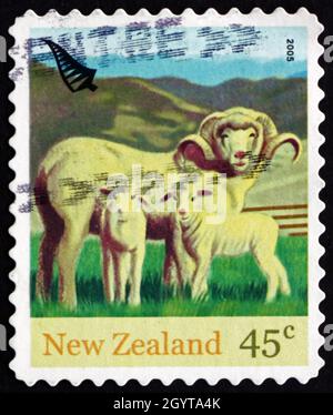 NOUVELLE-ZÉLANDE - VERS 2005 : un timbre imprimé en Nouvelle-Zélande montre Ewe et Lambs, animaux de ferme, vers 2005 Banque D'Images