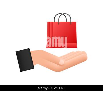 Concept de commerce électronique d'achats en ligne avec icône de vente et d'achat en ligne.Mains tenant des sacs d'achats.Illustration vectorielle. Illustration de Vecteur