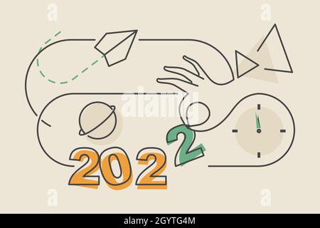 Nouvelle année 2022.La main place le dernier numéro de l'année 2022.Illustration de style plat. Illustration de Vecteur