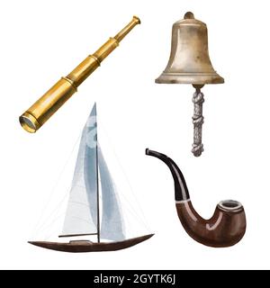 Set de mer aquarelle.Yacht à voile, pipe à fumer, cloche de vieux navire et vieux télescope de mer Banque D'Images