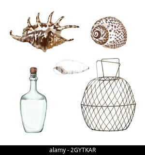 Set aquarelle Seashell, filets de crabe et bouteille de verre Banque D'Images