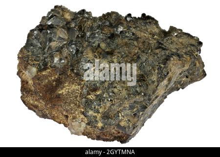 Cassitérite (minerai d'étain) de Perranporth, Angleterre isolé sur fond blanc Banque D'Images