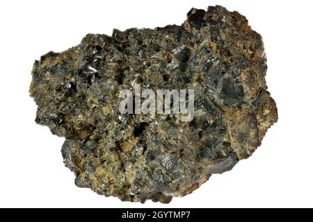 Cassitérite (minerai d'étain) de Perranporth, Angleterre isolé sur fond blanc Banque D'Images