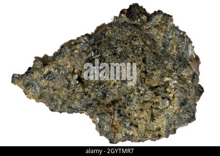Cassitérite (minerai d'étain) de Perranporth, Angleterre isolé sur fond blanc Banque D'Images