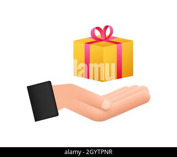 Boîte de prix Or dans un style incroyable entre les mains.Icône de la boîte cadeau.Illustration du stock vectoriel. Illustration de Vecteur