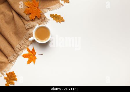 Foulard beige en cachemire, une tasse de café avec feuilles d'érable et de chêne d'automne sur fond gris.Flat lay, vue de dessus, espace de copie Banque D'Images